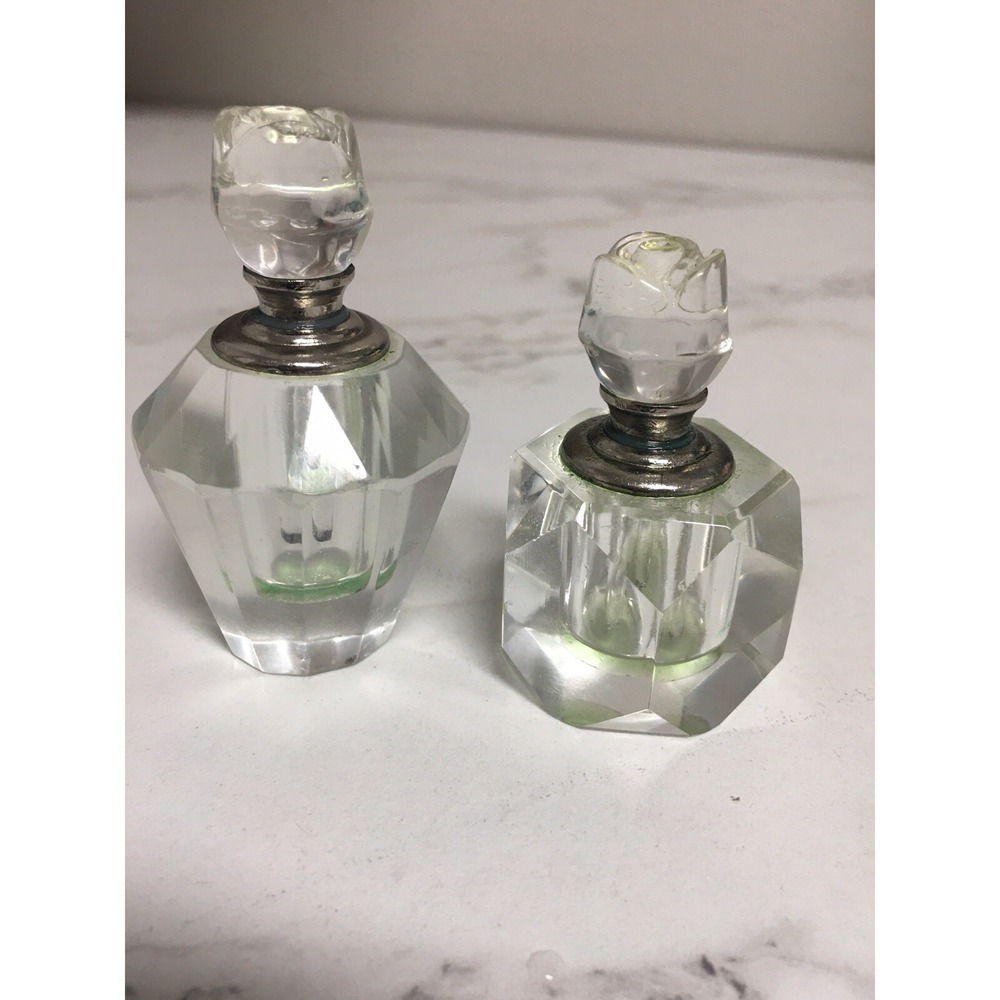 Set Of  2 Miniature Crystal Glass Perfume Bottles with Rose Top Dauber‎